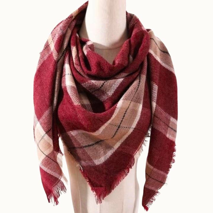 Olive & Pique - Wholesale Scarf - Unisex - Plaid Blanket Scarf, 52" x 52" Square, Burgundy