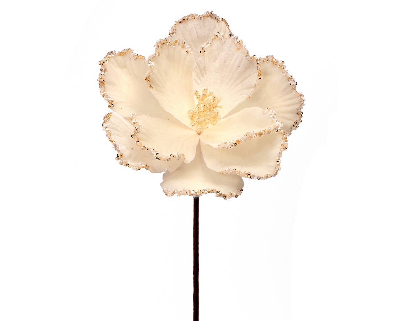CMC Wholesale - Vente Fleurs artificielles - Tige de Magnolia à Bordure Pailletée en Velours 24″ – Ivoire/Or