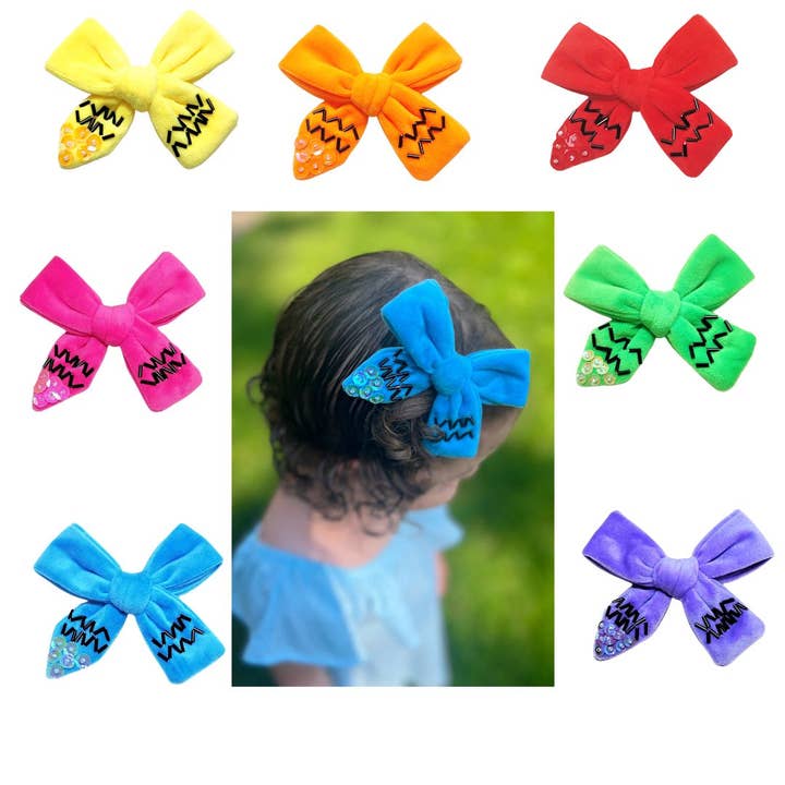 Sparkling New Baby, LLC. - Venta al por mayor Lazo para el pelo - Niños - Lazo amarillo de terciopelo con crayón