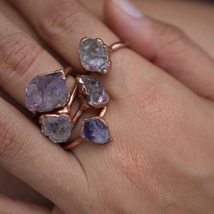 Daddy Daughter Jewelry - Venta al por mayor Anillos grandes/de cóctel - Amatista cruda de México || Anillo de cobre con piedra natal de febrero8