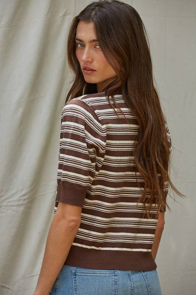 Brown White W2204 | Knit Sweater Striped Half Button Up Collar Neck Top for wholesale on Faire2