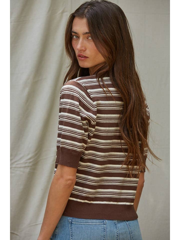 Brown White W2204 | Knit Sweater Striped Half Button Up Collar Neck Top for wholesale on Faire2