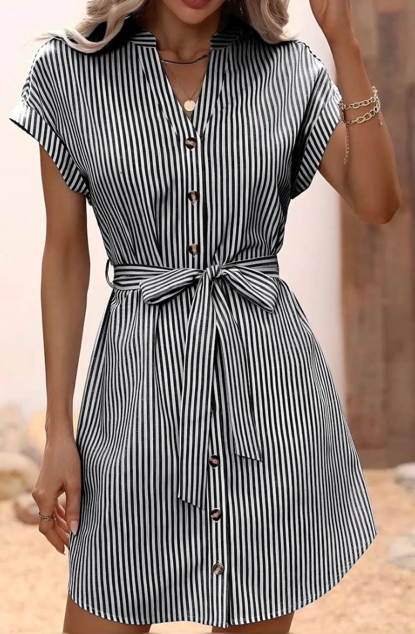 LOOWIE - Wholesale Dress - Women's - D640 Purple Striped Cotton Shirt Dress Short Sleeves LOOWIE3