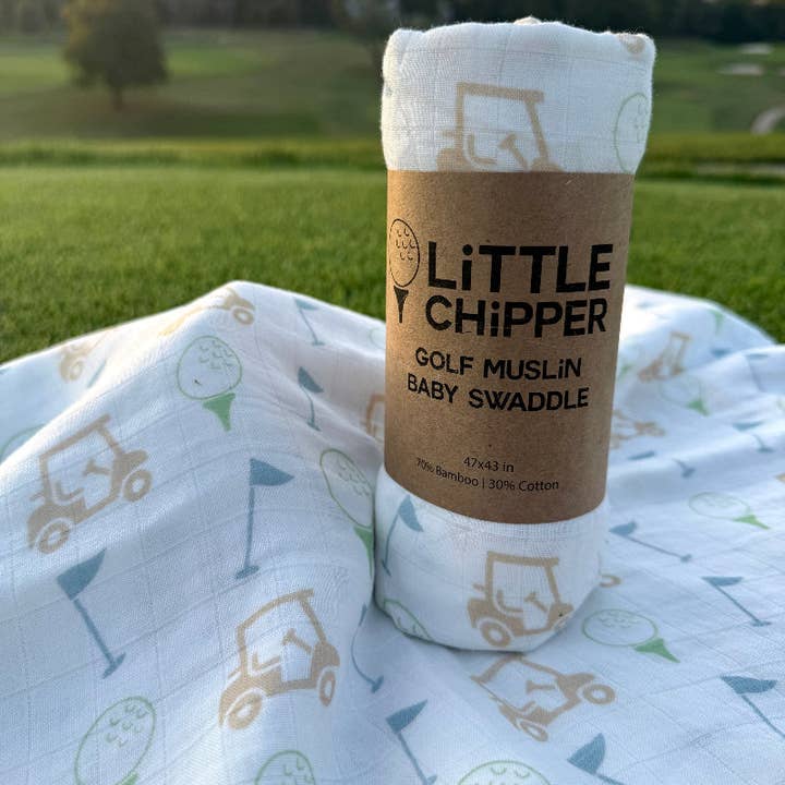 Golf Themed Baby Muslin Swaddle for wholesale by Little Chipper Golf