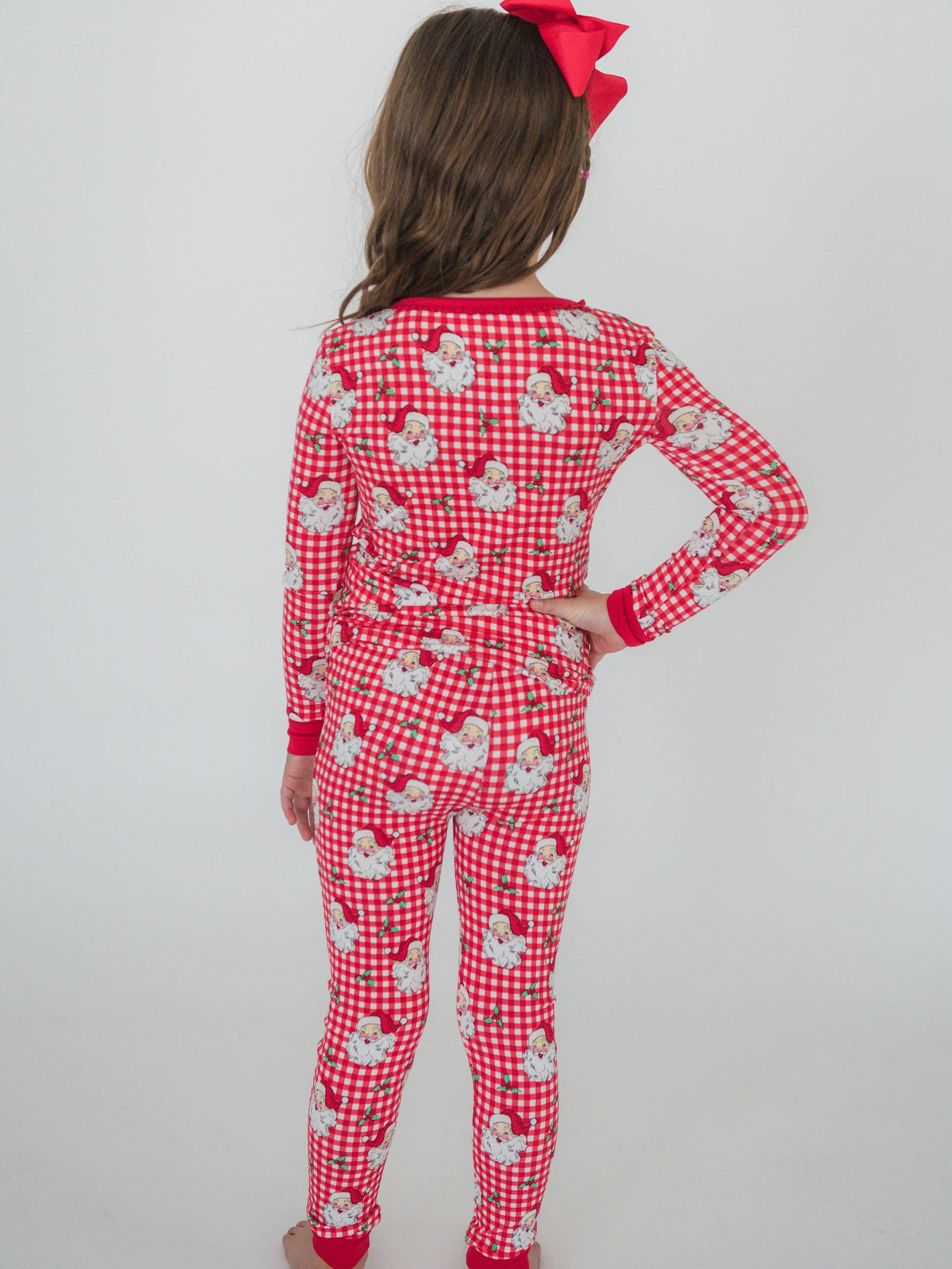 SoftSnooze™ Girls Bamboo Viscose Red Dear Santa Ruffle Long Sleeve Pajama Set for wholesale on Faire3
