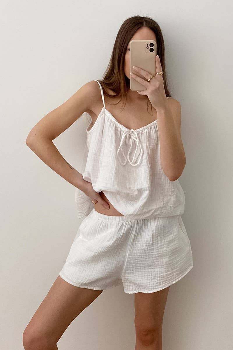 White CWSPJ0050_SOLID COLOR COTTON HALTER  SHORTS PAJAMA SET for wholesale on Faire1