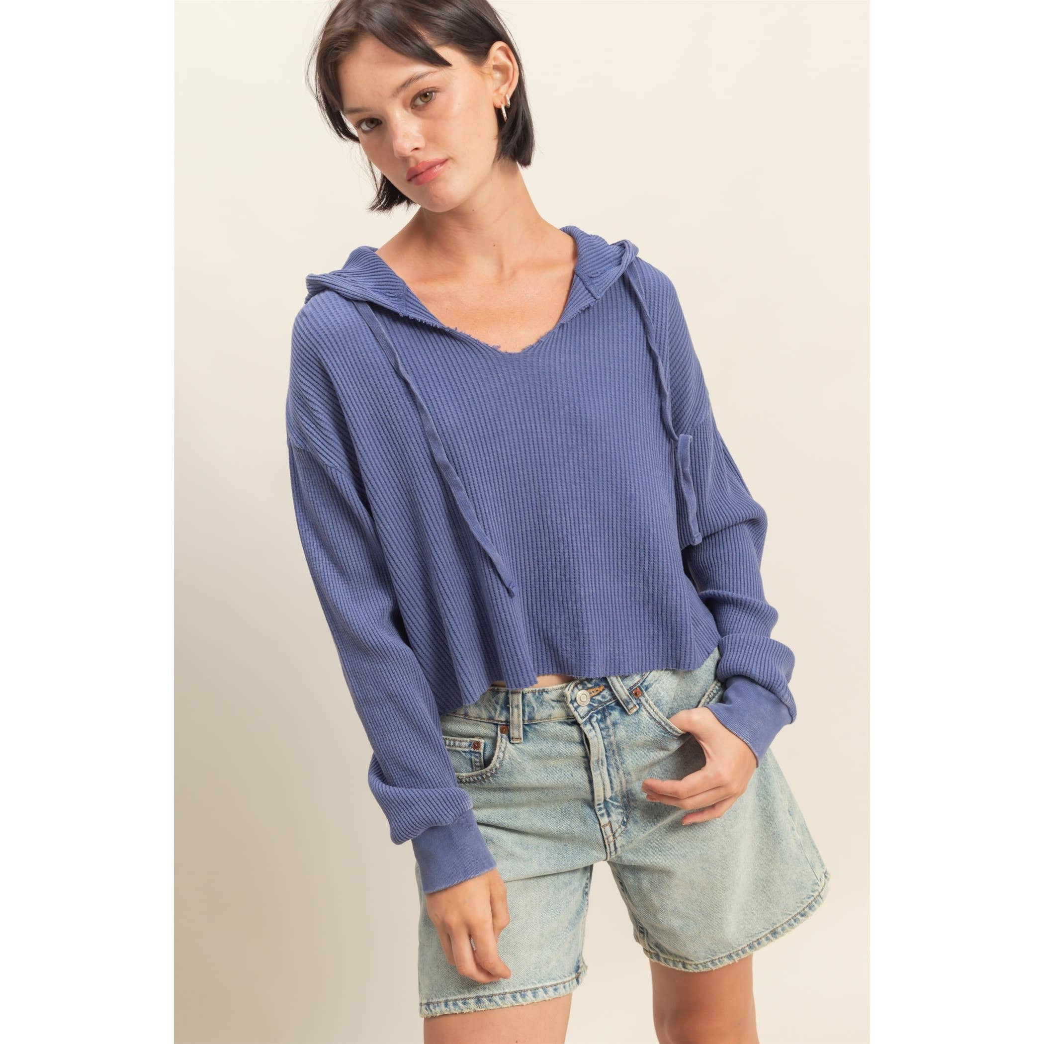 HYFVE – Hoodie – Mulher por atacado – Hoodie de Malha Waffle Cropped com Lavagem Mineral0