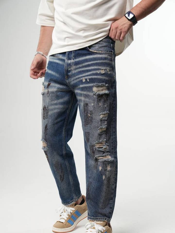 Boyfriend Distressed Wash Splashed Denim Jeans for wholesale by PremiumDenim