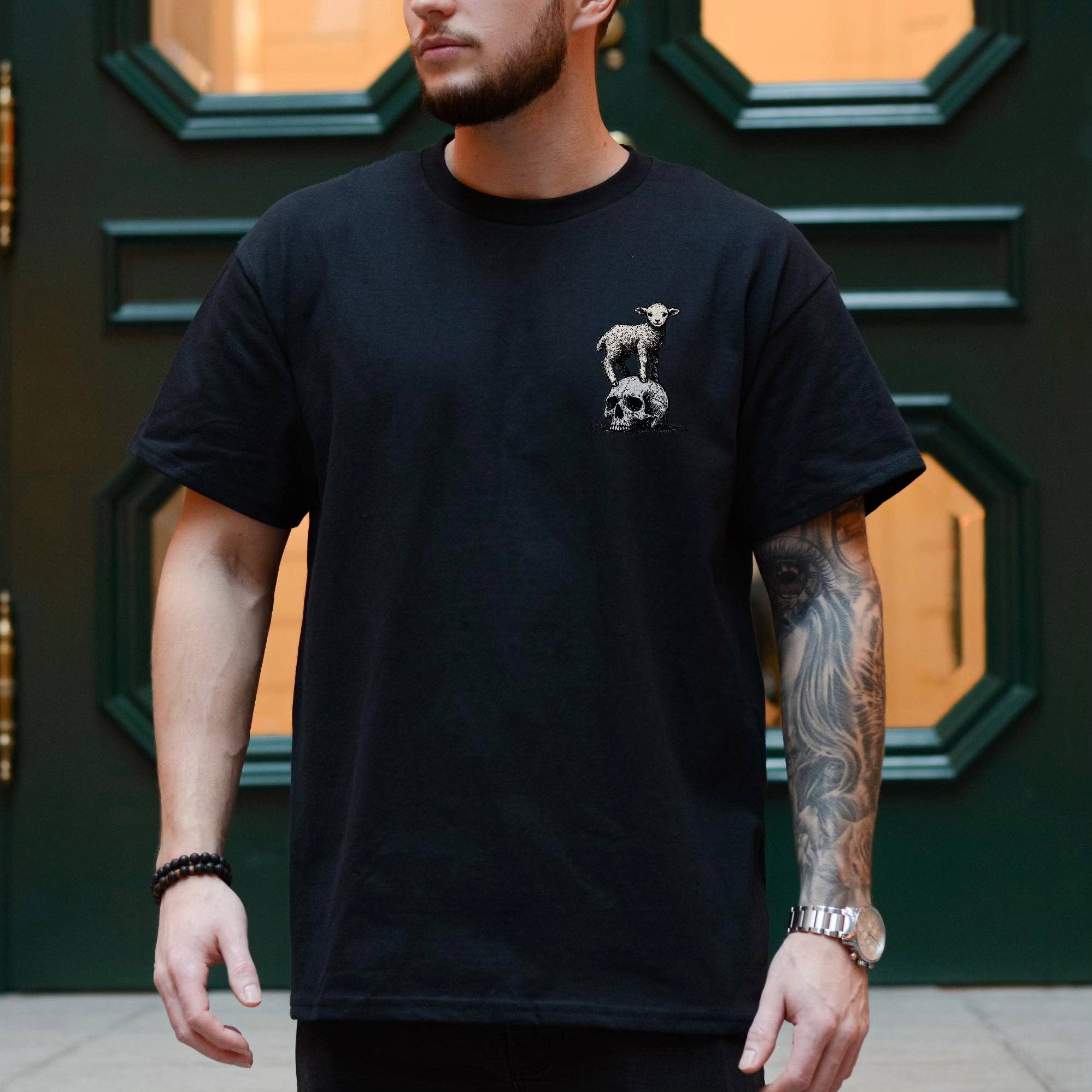 Salt + Salvation Threads - Wholesale Screen Printed T-Shirt - Men's - Faith Over Fear Christian T-Shirt-Lamb and Skull Graphic1