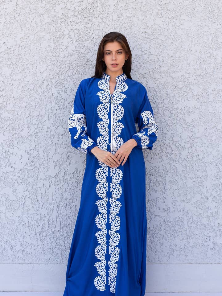 Beautiful Royal blue Cotton caftan for women, embroidered long sleeve Kaftan, Caftan maxi dress, Caftans for women, cotton caftan, caftans for wholesale by Gipci