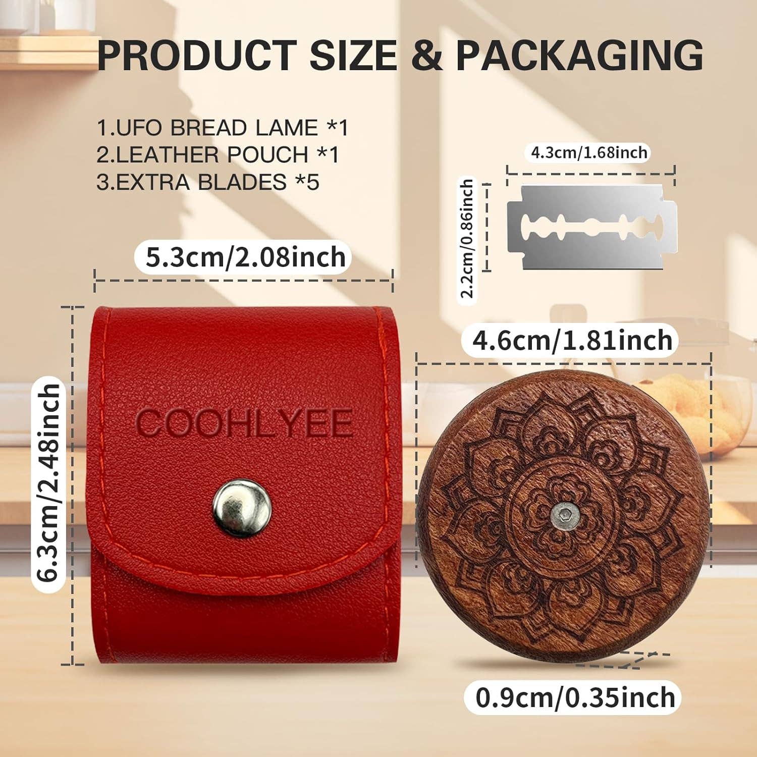 VIGOR - Wholesale Kitchen Tool/Gadget - Wooden Lame Bread Scoring Tool with 5 Razor Blades and Leath2