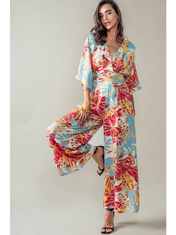 Urban Daizy - Wholesale Jumpsuit - Women's - Tropical Wrap Wide Leg Floral Jumpsuit