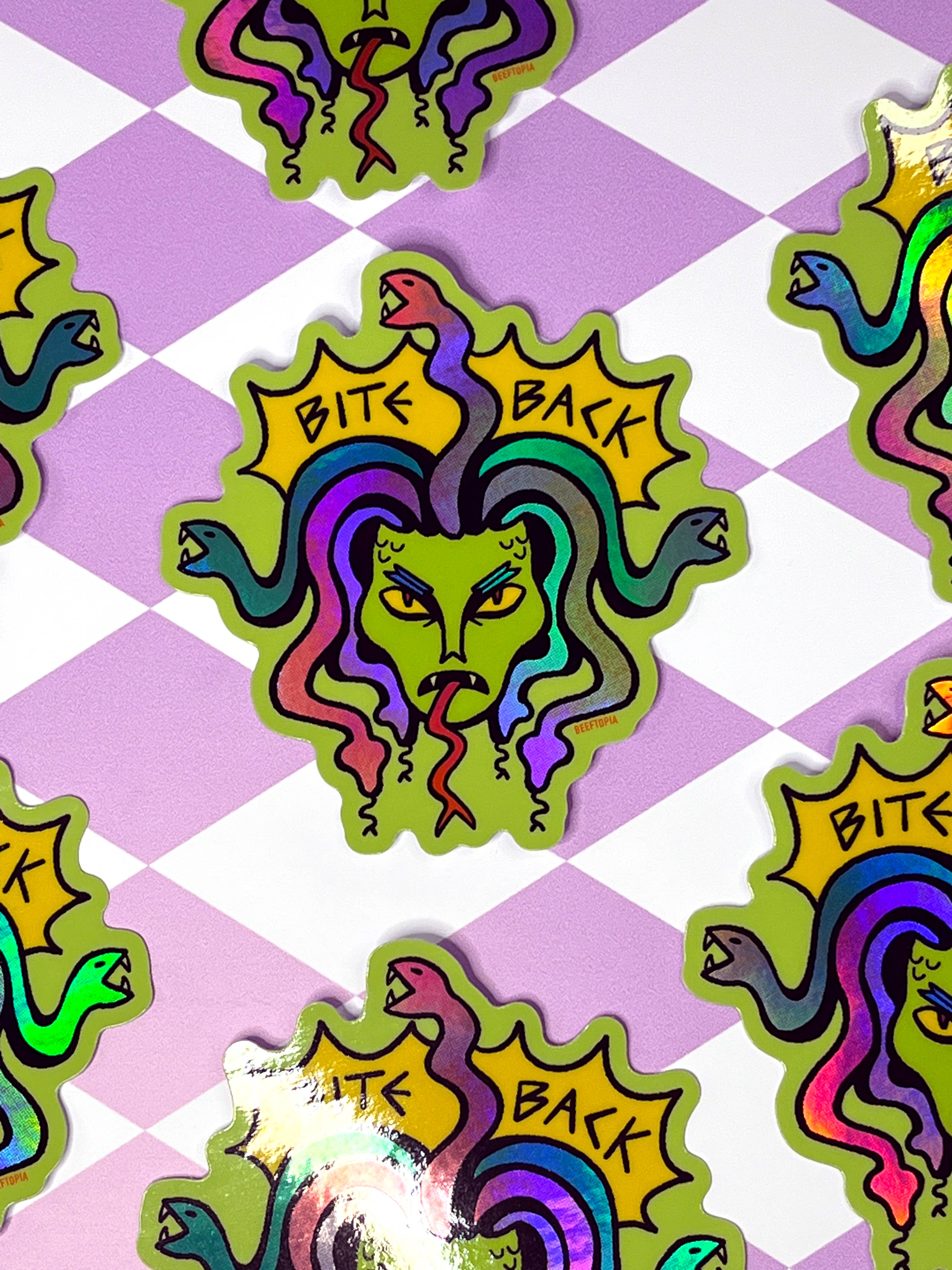 Beeftopia – wholesale Sticker – Bite Back Medusa Vinyl Sticker | Large Holographic Decal2