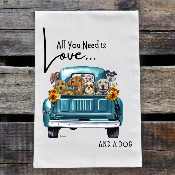 Torchon Love Dog, torchon de cuisine « Blue Farm Truck » pour la vente par Hippie Hound Studios