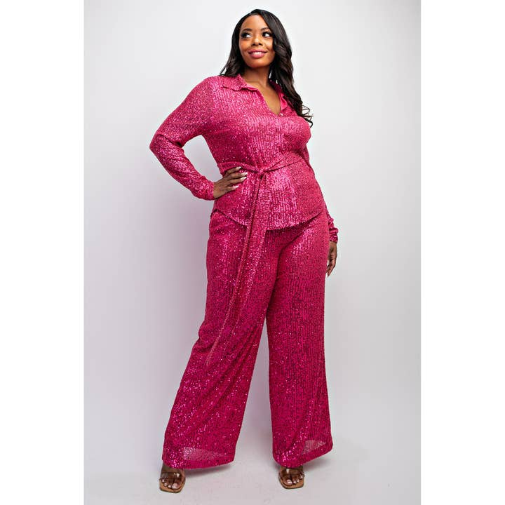 PLUS SIZE SEQUINS SHIRT AND WIDE-LEG PANTS SET for wholesale by The Curve LA