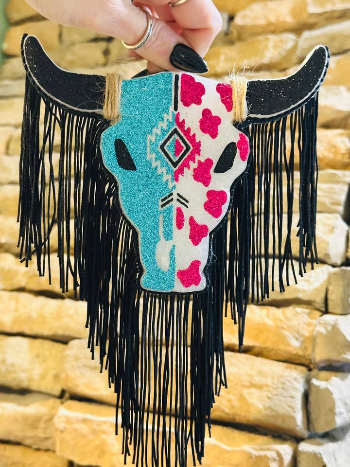 Turq and Aztec Steer Freshie with Fringe Freshie for wholesale by Sassy Fras Couture