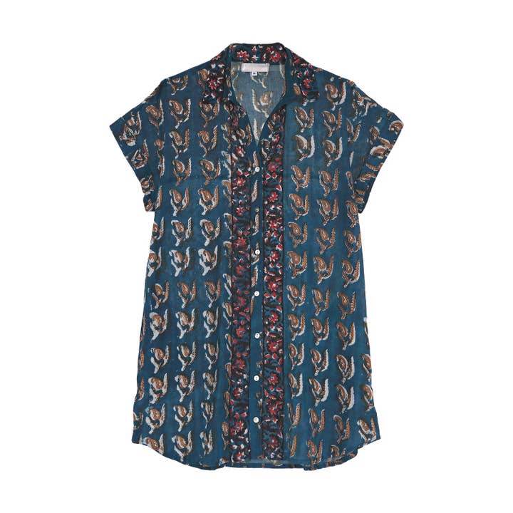 Vestito corto in cotone stampato blu ocra per la vendita all'ingrosso da parte di ABRACOLORS