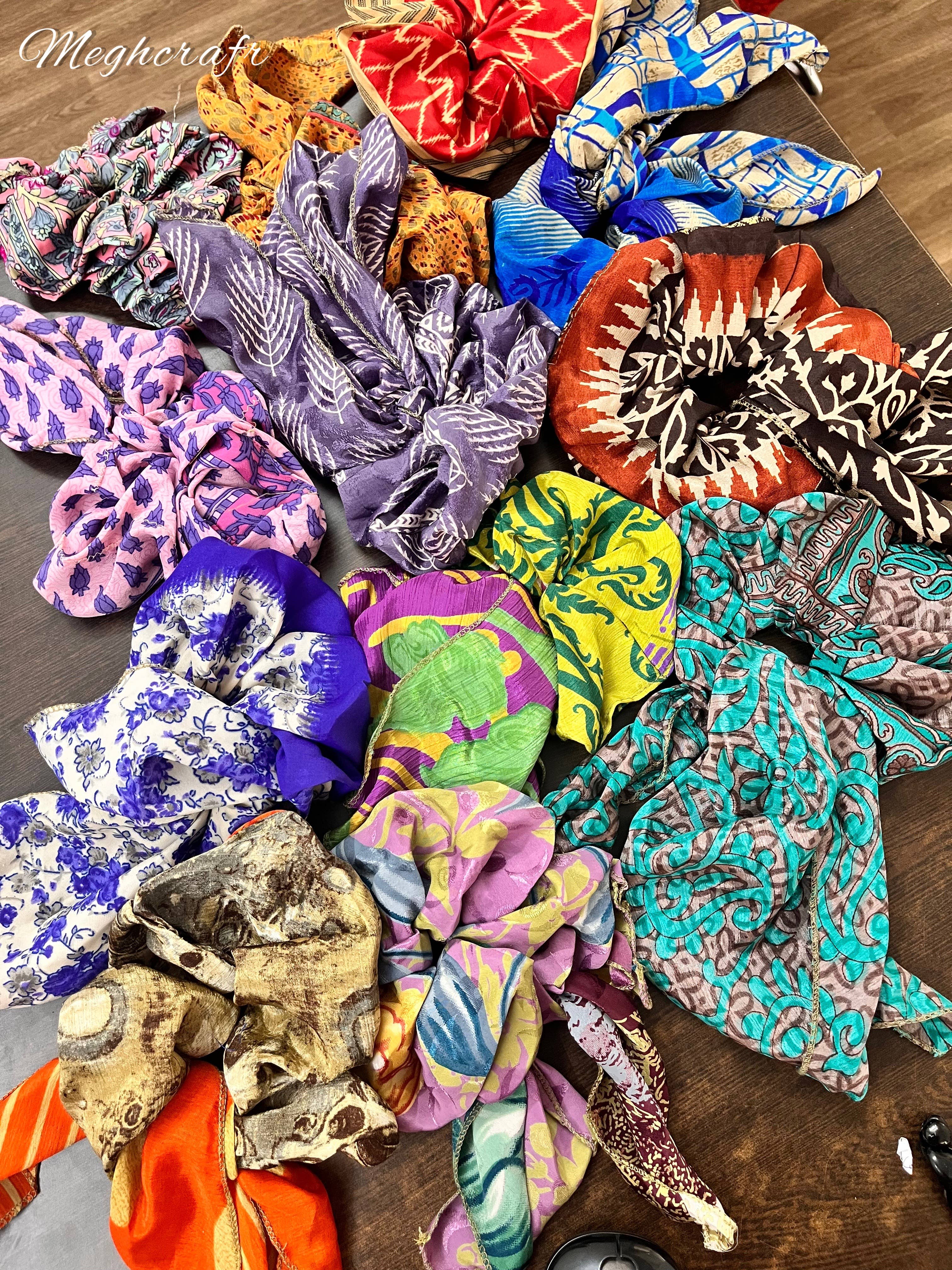 Meghcraft - Wholesale Scrunchie - Women's - Silk Scrunchies with Ribbon, Indian Vintage Recycled Sari15