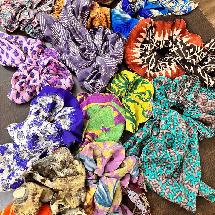 Meghcraft - Wholesale Scrunchie - Women's - Silk Scrunchies with Ribbon, Indian Vintage Recycled Sari15