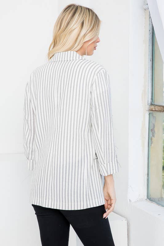 26 International - Wholesale Blazer - Women's - Linen Blend Stripe Roll Up Blazer2