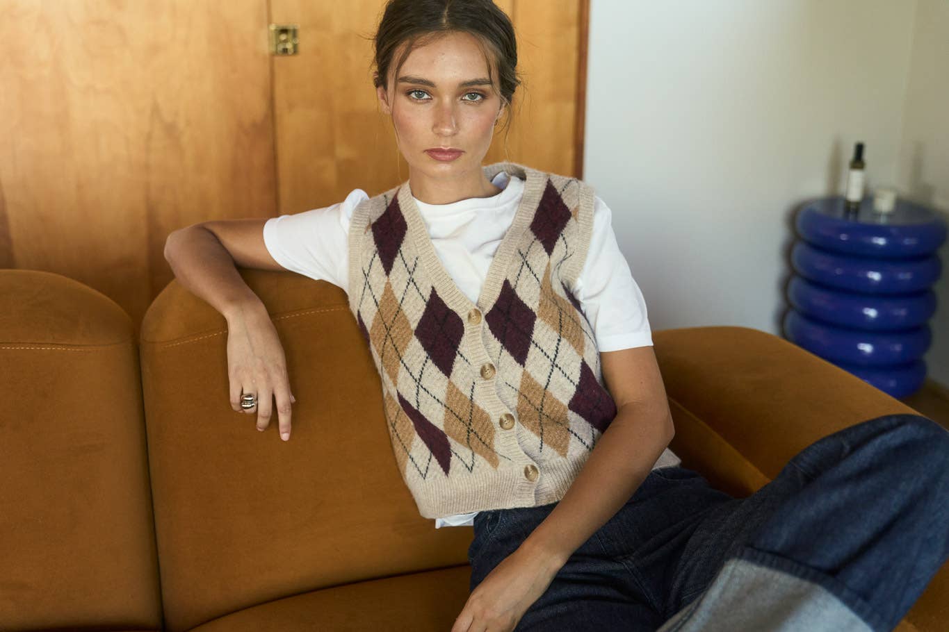 The Workshop Studio - Wholesale Outerwear Vest - Women's - ARGYLE PATTERN BUTTON DOWN KNIT CARDIGAN VEST13