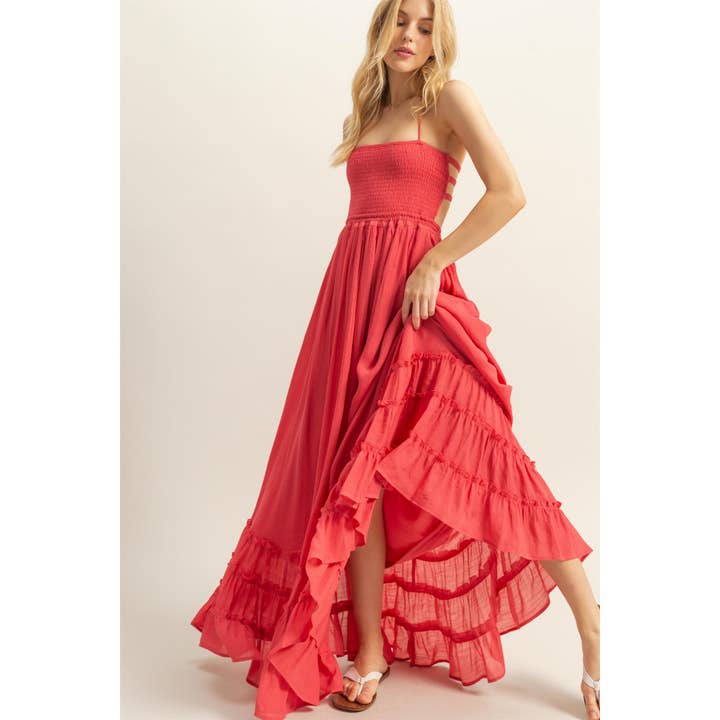 HYFVE - Vendita all'ingrosso Vestito - Donna - Abito lungo con corpetto arricciato a collo all'americana e orlo a balze HF25E055