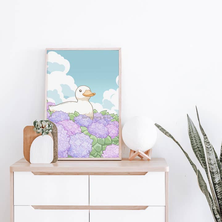 Sarah May Arts - Wholesale Art Print - Hydrangea Duck Print | Fine Line Cute Floral Art4