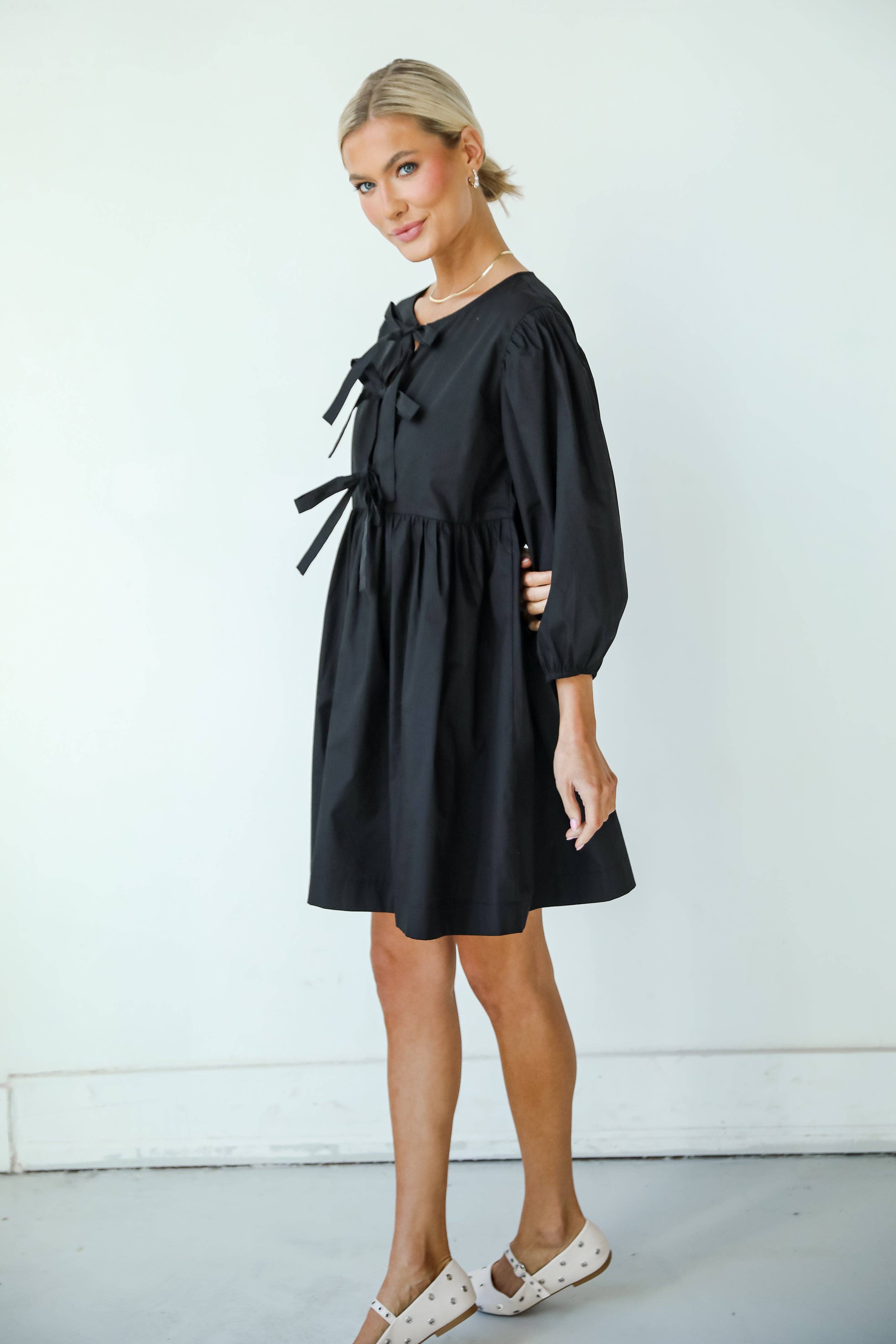 Cute Definition Black Bow Babydoll Mini Dress for wholesale on Faire9