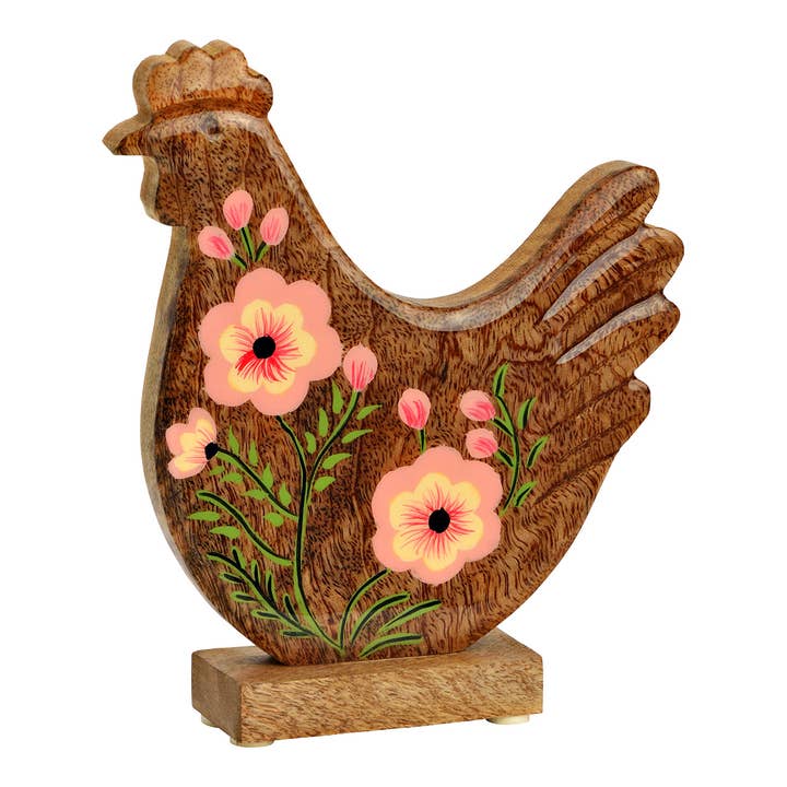 Chicken flower decor stand made of mango wood, brown (W/H/D) 17x19x4cm for wholesale by Wurm
