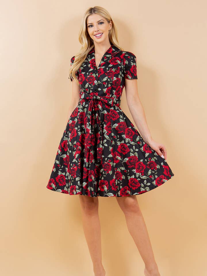 Retro Rose Print Fit & Flare Plus Size Klänning för wholesale av LA Soul