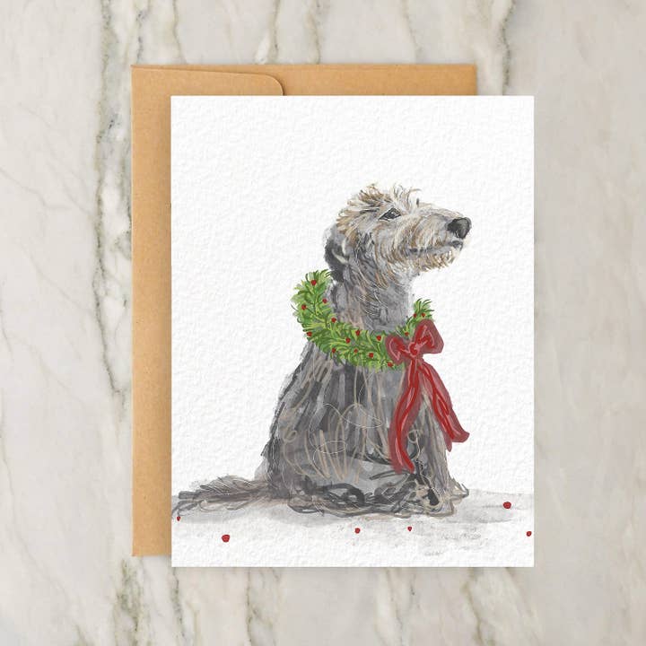 Hudson Illustration Co - About Town Co - Wholesale Christmas Card - Smiling Shaggy Dog Christmas Wreath 4x5" Greeting Card