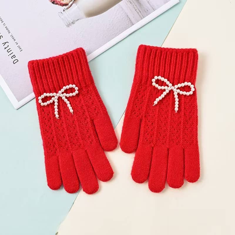 Little Trendy - Vente Gants – femme - Gants chauds en tricot Pearl Bow Sweet Knitted pour femmes7