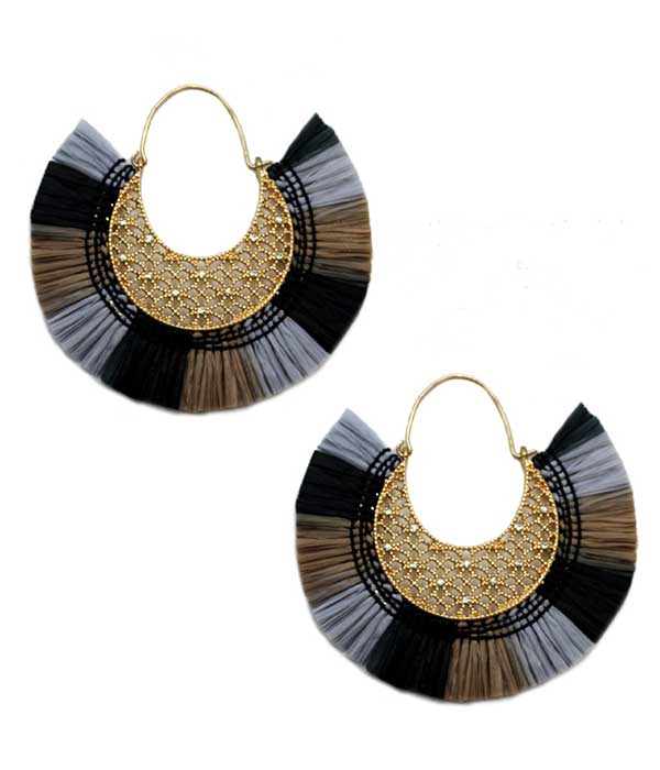 Jewelry Max - Wholesale Dangle Earrings - ( T123 ) METAL FILIGREE RAFFIA FAN TASSEL EARRING
