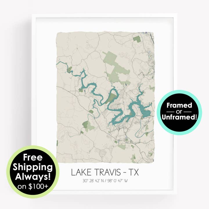 Lake Travis Texas watercolor map poster, custom map print for wholesale by Sparks House Co.