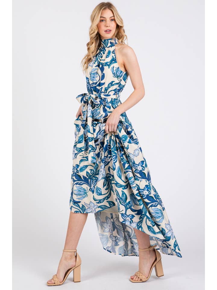 B I G H I T Fashion - Wholesale Dress - Women's - Floral Print Halter Neck Tiered Maxi Dress HD2970-BLUE