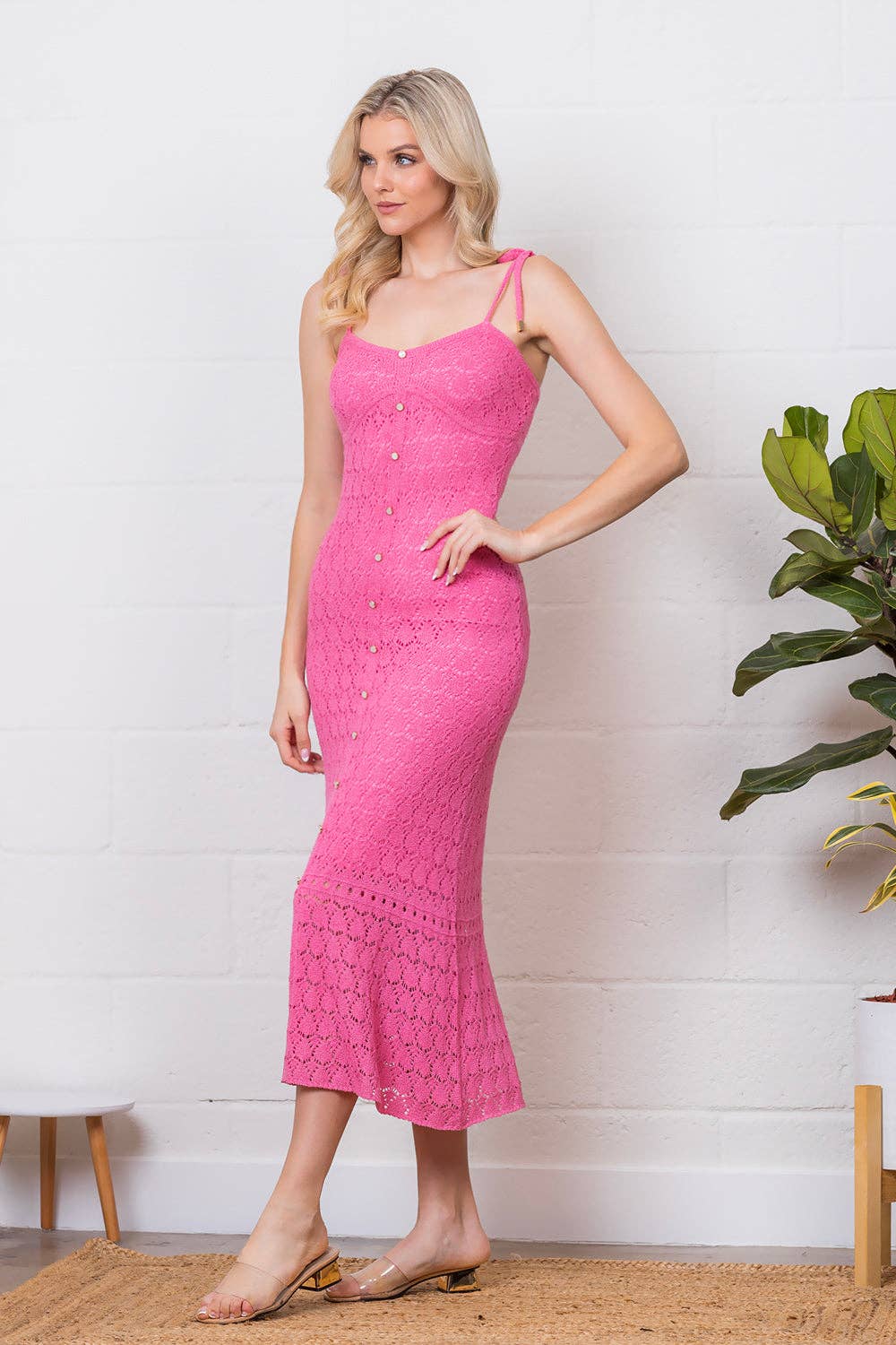 Taelynn - Venta al por mayor Vestido - Mujer - LWD74063T-Vestido midi de punto con botones y tirantes finos2