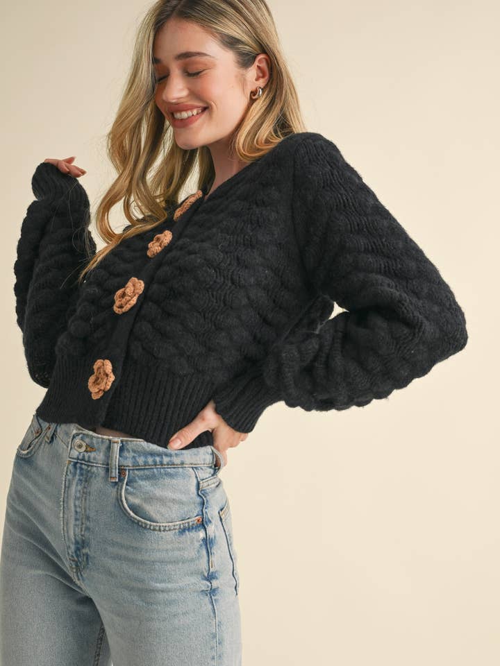 &MERCI - Wholesale Cardigan - Women's - TEXTURED SWEATER CARDIGAN WITH KNIT ROSETTE DETAIL MSW1073519