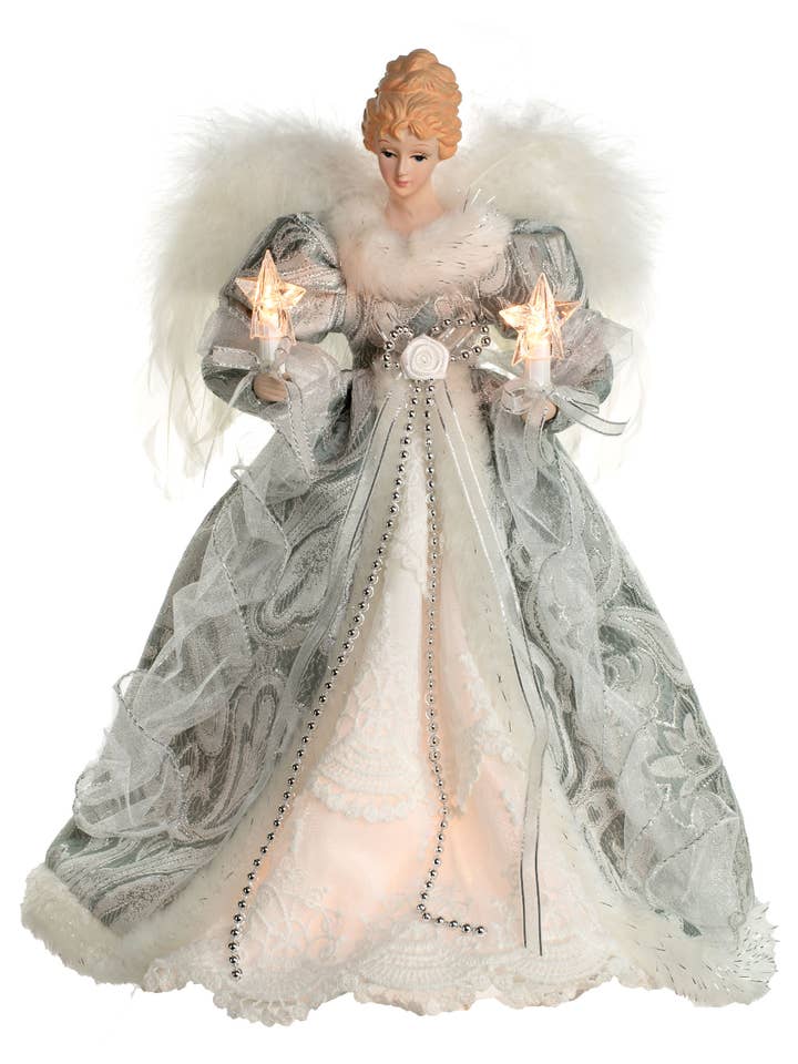 Puntale per albero vintage angelo argento/bianco con 10 luci per la vendita all'ingrosso da parte di Starlight Collection