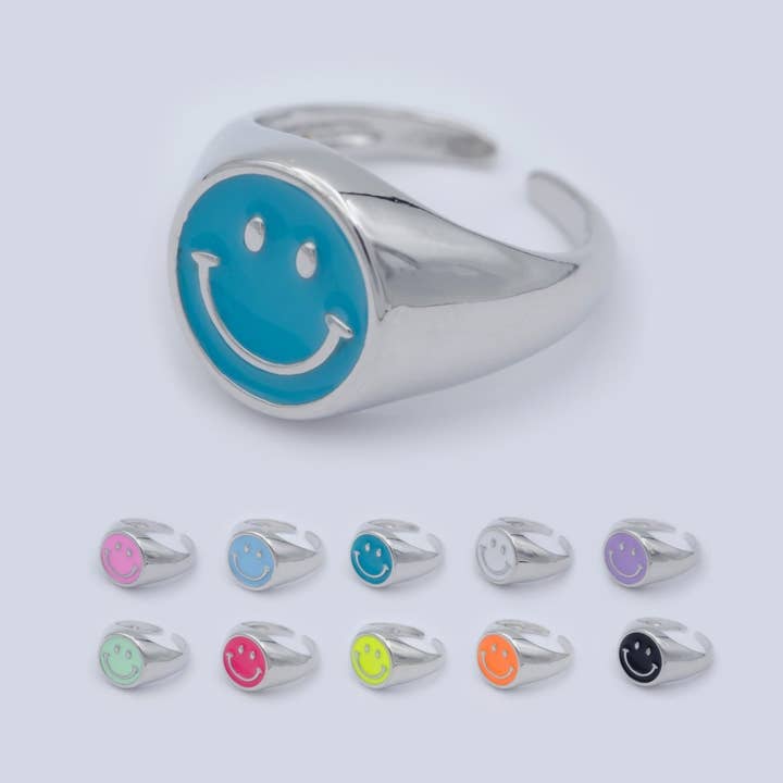 Enamel Happy Face Ring, Silver Smiley Face Signet Ring Y2K Jewelry Inspired O-892~O-901 for wholesale by Aim Eternal
