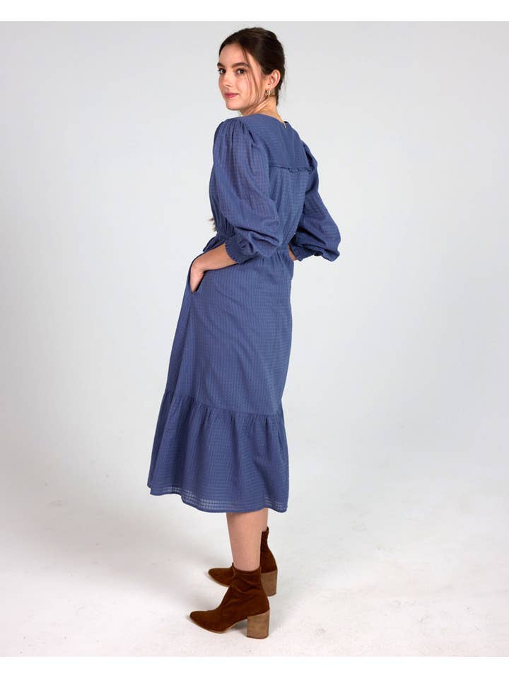 Cassidy Long Sleeve V-Neck Midi-Length Indigo Dress for wholesale on Faire