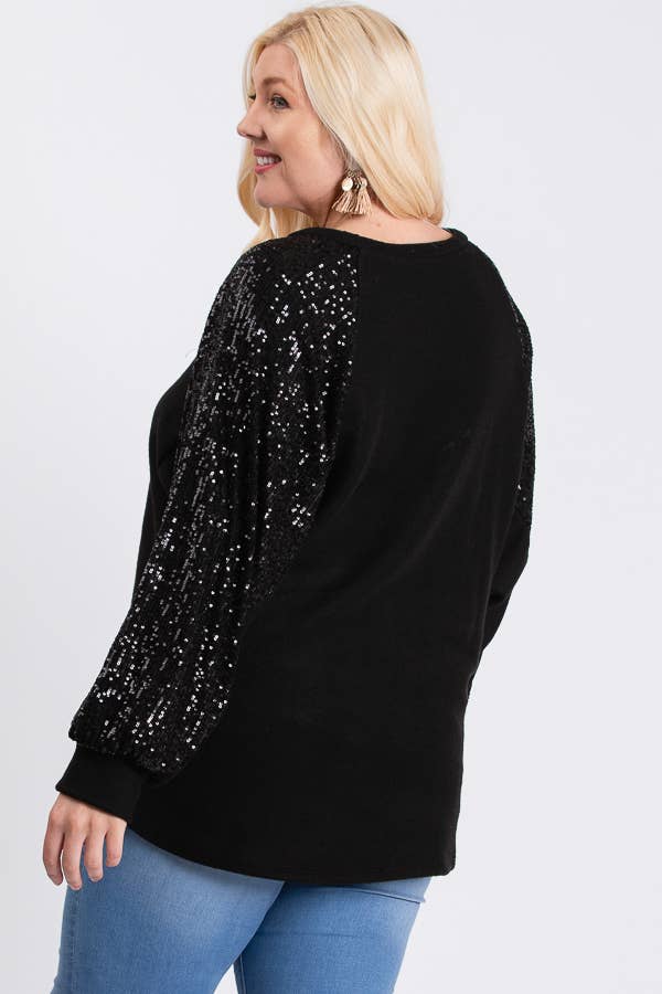 7th Ray - Wholesale Tunic - Women's - [PLUS SIZE] Brushed Knit Sequin Long Sleeve Top T2937XL1