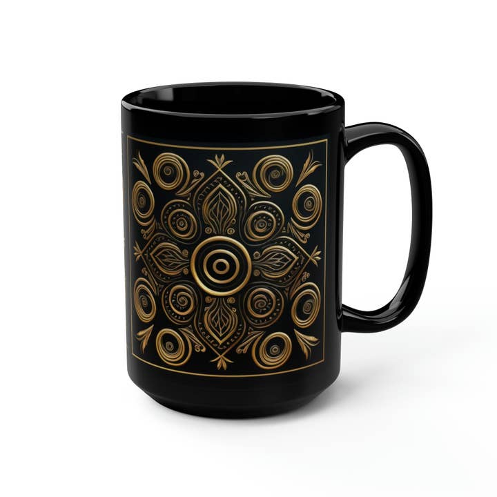 Black and Gold Circles and Diamonds Filigree Mug, 15oz for wholesale by Lilly's Artwork