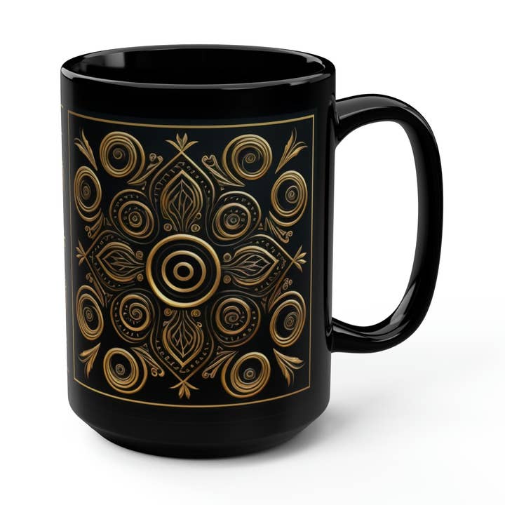 Tasse en filigrane noire et dorée avec cercles et diamants, 15 oz pour la vente par Lilly's Artwork