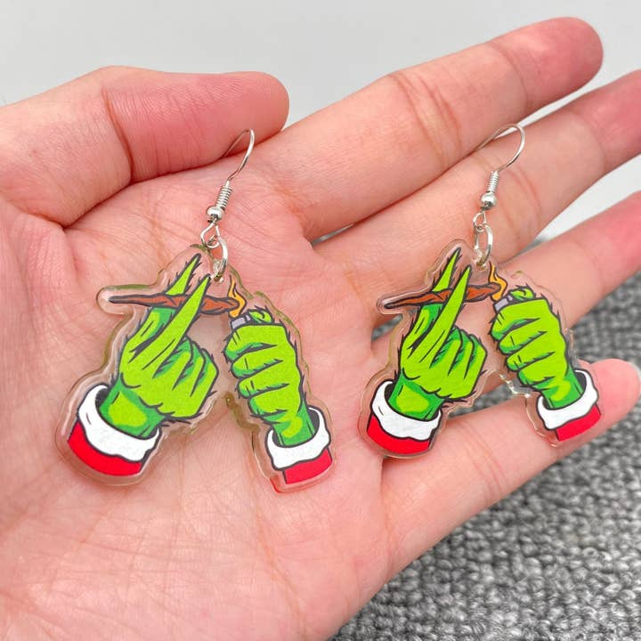 Mio Queena - Wholesale Dangle Earrings - Christmas Acrylic Grinch Hands Light A Cigarette Dangle Earrings
