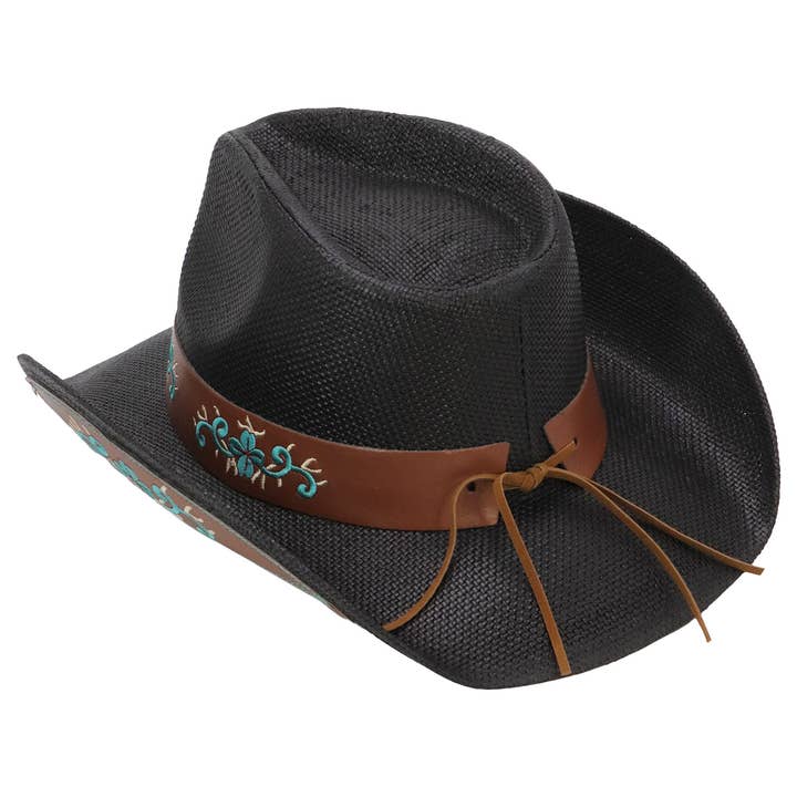 Cap Zone - Wholesale Cowboy Hat - Women's - Embroidered Turquoise Flower Straw Cowgirl Hat2