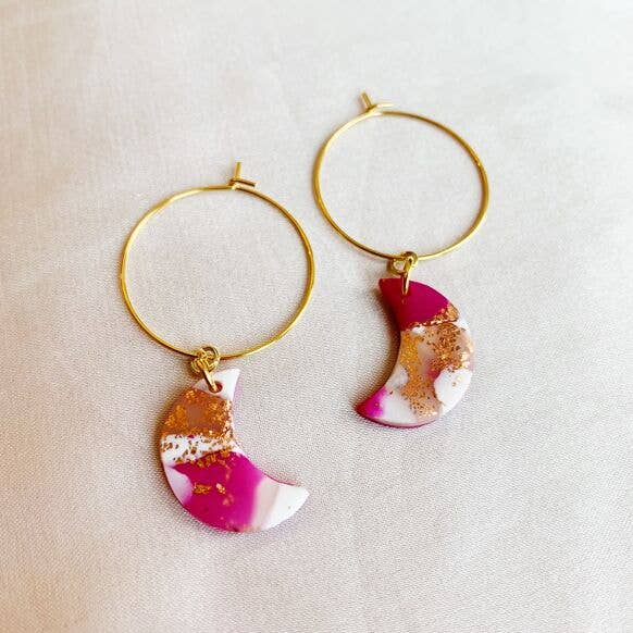 Kismet Klay – wholesale Hoop earrings – Elsa Pink & Gold Mini Moon Hoop Earring
