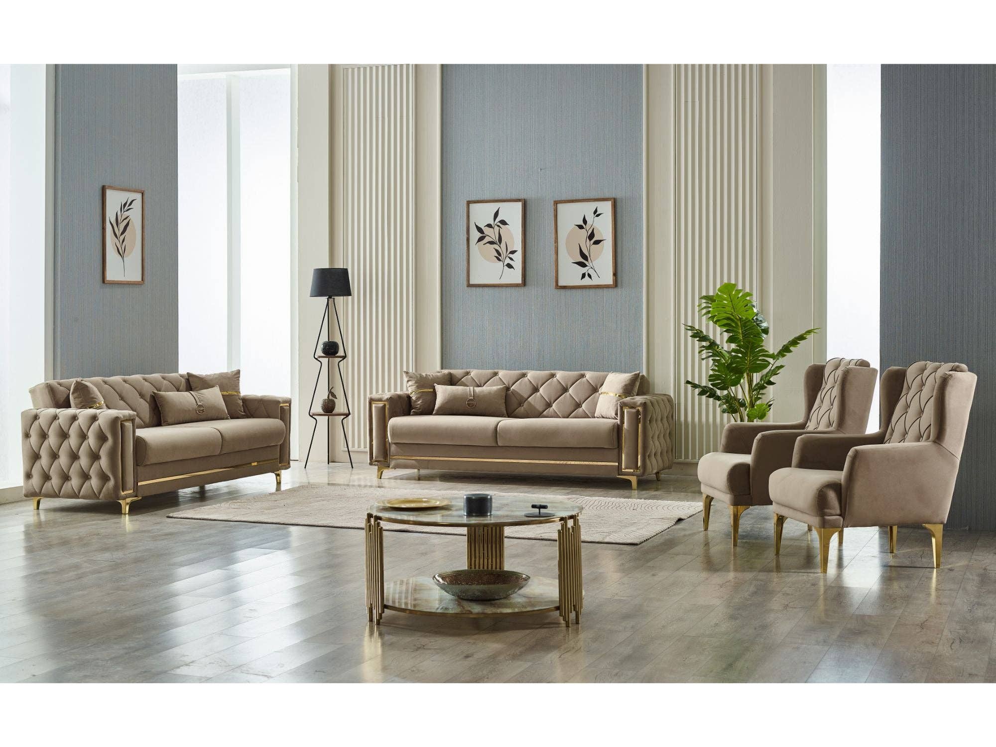 Bolivya Convertible Loveseat Beige With Gold Legs for wholesale on Faire5