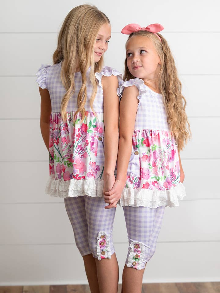 Oopsie Daisy - Wholesale Top & Leggings Set - Kids - Kids Lavender Gingham & Floral Capri Ruffle Summer Set