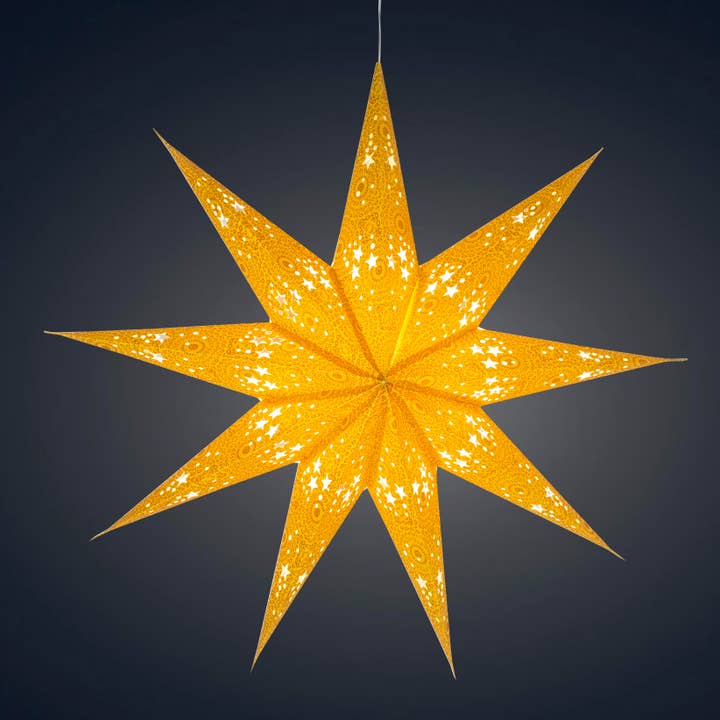 Hrim Stjerne 9 Punkt 25" Guld med Guldglimmer Papirstjernelanterne for engroshandel hos Artschatz LLC