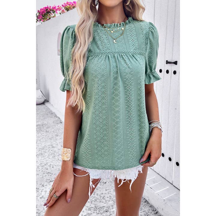 Supreme Fashion - Wholesale Blouse - Women's - Round Neck Embroidery Ruffle Sleeve Loose Fit Shirts14